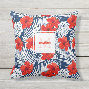 トロピカルフローラハイビスカスフラワーカスタムモノグラム アウトドアクッション