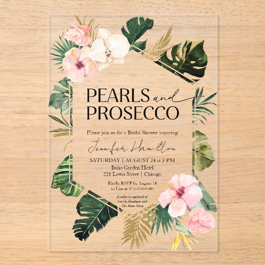 トロピカルフローラパール&プロセッコブライダルシャワー アクリル招待状 (正面)