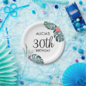 トロピカルフローラピンクアンスリウム&モンステラ誕生日 ペーパープレート (パーティー)