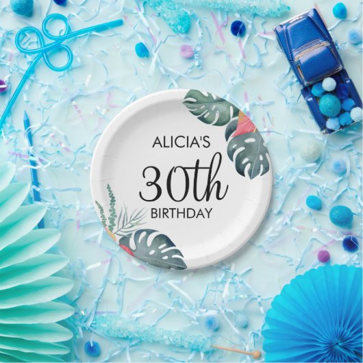 トロピカルフローラピンクアンスリウム&モンステラ誕生日 ペーパープレート (パーティー)