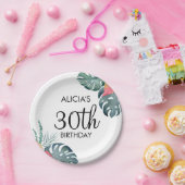 トロピカルフローラピンクアンスリウム&モンステラ誕生日 ペーパープレート (パーティー)