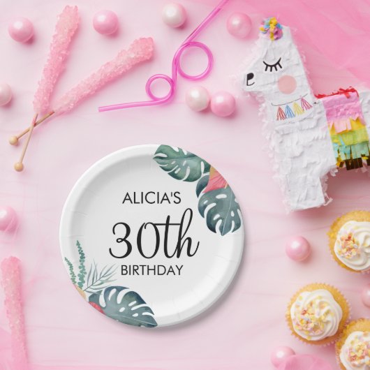 トロピカルフローラピンクアンスリウム&モンステラ誕生日 ペーパープレート (パーティー)