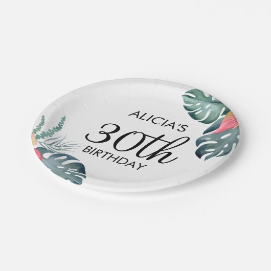 トロピカルフローラピンクアンスリウム&モンステラ誕生日 ペーパープレート (アングル)