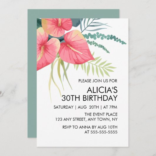 トロピカルフローラピンクアンスリウム&モンステラ誕生日 招待状 (正面/裏面)