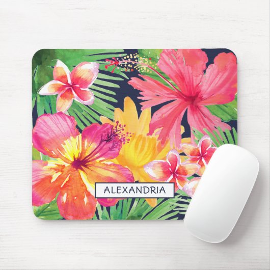 トロピカルフローラピンクハイビスカスプルメリアネイビーカスタム マウスパッド (マウス)