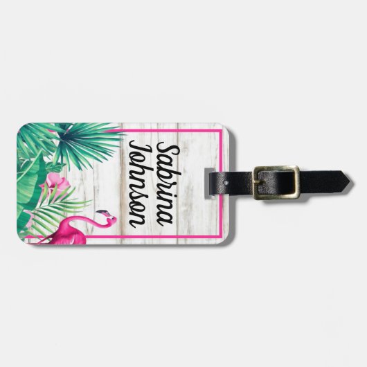 トロピカルフローラピンクフラミンゴクラシックスファンシークリプト ラゲッジタグ (正面横)