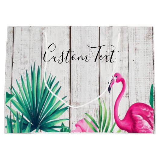 トロピカルフローラピンクフラミンゴファミリーネームビーチ ラージペーパーバッグ (正面)