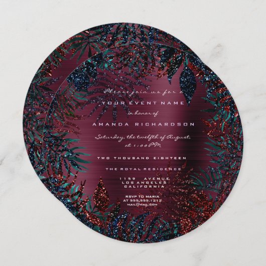 トロピカルフローラファーンリーフフレームブルゴーニュグリッター 招待状 (正面/裏面)
