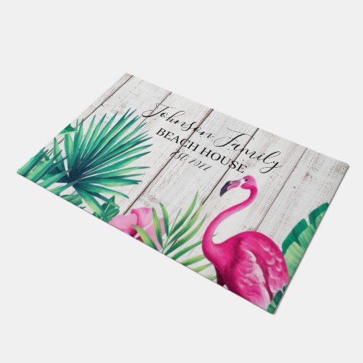 トロピカルフローラフラミンゴファミリーネームビーチハウス ドアマット (アングル)