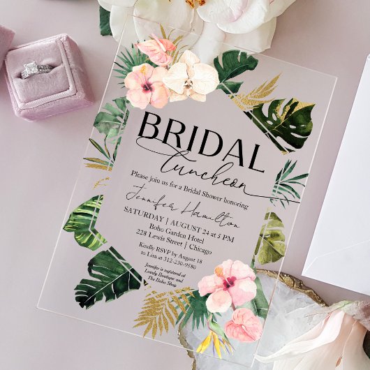 トロピカルフローラブライダルルンチョンブライダルシャワー アクリル招待状
