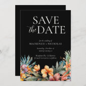 トロピカルフローラブラック日付の保存 招待状 (正面/裏面)