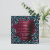 トロピカルフローラリーフフレームグリッターティール(緑がかった色)ブルゴーニュ 招待状 (スタンド正面)