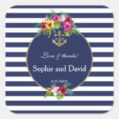 トロピカルフローラルアウ（ハワイ式宴会）ネイビーストライプブルー結婚ズ スクエアシール (正面)