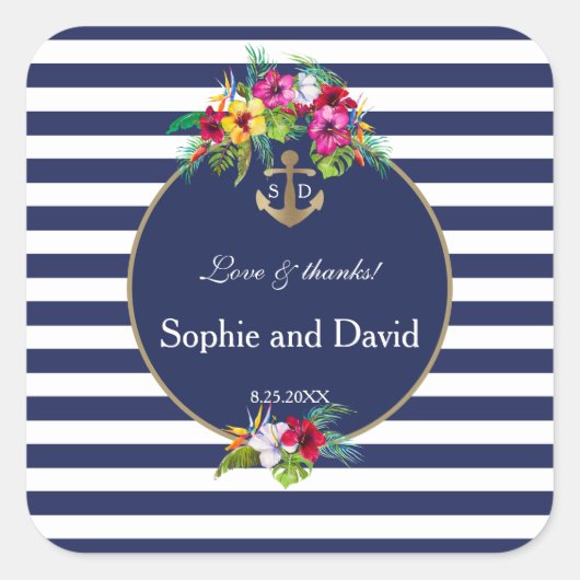 トロピカルフローラルアウ（ハワイ式宴会）ネイビーストライプブルー結婚ズ スクエアシール (正面)