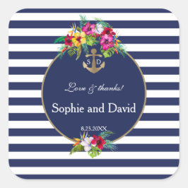 トロピカルフローラルアウ(ハワイ式宴会)ネイビーストライプブルー結婚ズ スクエアシール