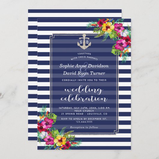 トロピカルフローラルアウ（ハワイ式宴会）ネイビーストライプブルー結婚ズ 招待状 (正面/裏面)