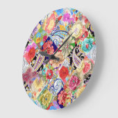 トロピカルフローラル鮮やかパターン、色。 ラージ壁時計 (傾斜)