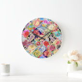 トロピカルフローラル鮮やかパターン、色。 ラージ壁時計 (ホーム)