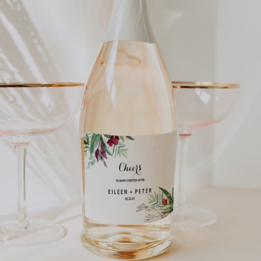 トロピカルフローラ結婚グリーンリーきらめくズワインラ スパークリングワインラベル