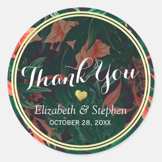 トロピカルフローラ金ゴールド結婚フレームの感謝 ラウンドシール (正面)