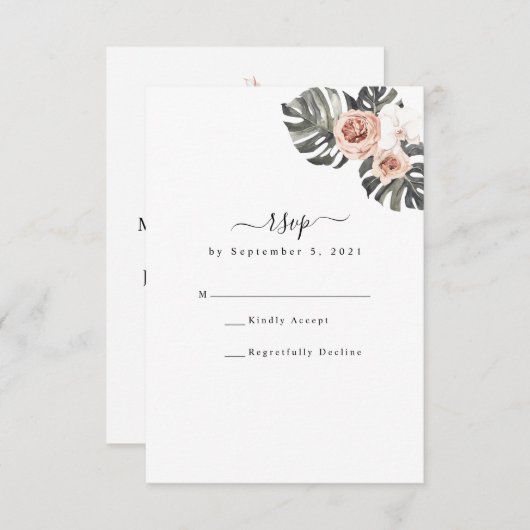 トロピカルフローラ&パームボヘミアンウェディングRSVPカード 出欠カード (正面/裏面)