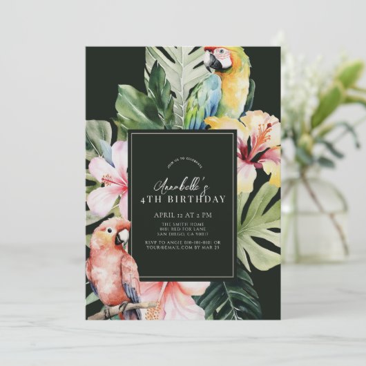 トロピカルフローラ&ボタニカルオウム子供の誕生日 招待状 (スタンド正面)