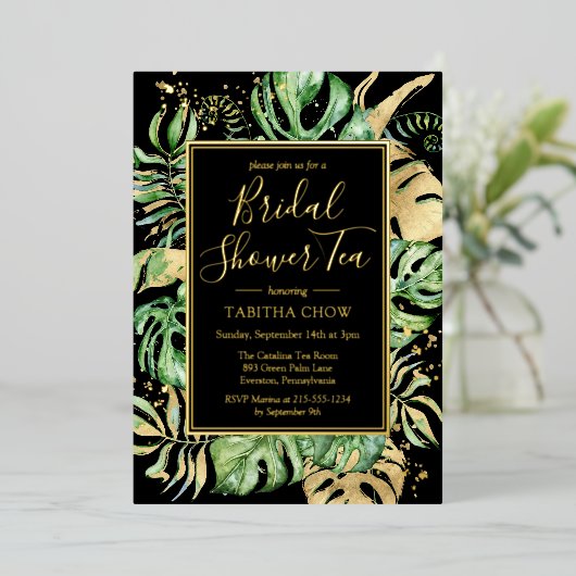 トロピカルブライダルシャワーティーパーティーブラック&ゴールドフォイル 箔招待状 (立ち正面)