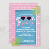 トロピカルブライトピンクレトロプールパーティー誕生日 招待状 (正面/裏面)