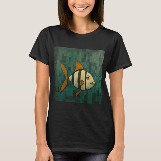 トロピカルブラックと黄色の縞模様の魚 Tシャツ (正面)