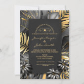 トロピカルブラックシルバーと金ゴールドパーム離れズ結婚の 招待状 (正面)