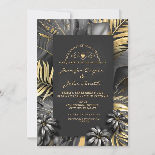 トロピカルブラックシルバーと金ゴールドパーム離れズ結婚の 招待状 (正面)