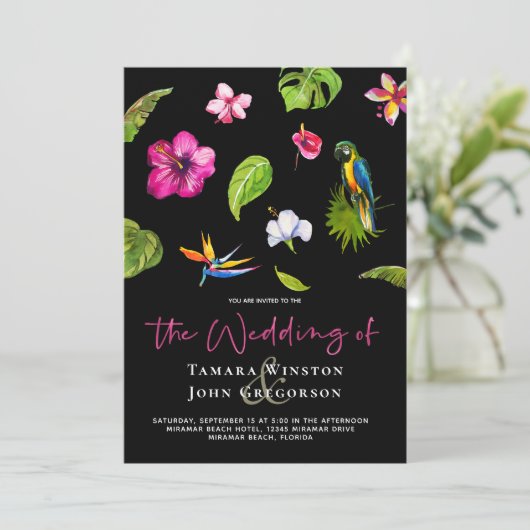 トロピカルブラックフラワーグリーン海岸ウェディング 招待状 (スタンド正面)