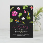 トロピカルブラックフローラルグリーン海岸ウェディング 招待状 (スタンド正面)