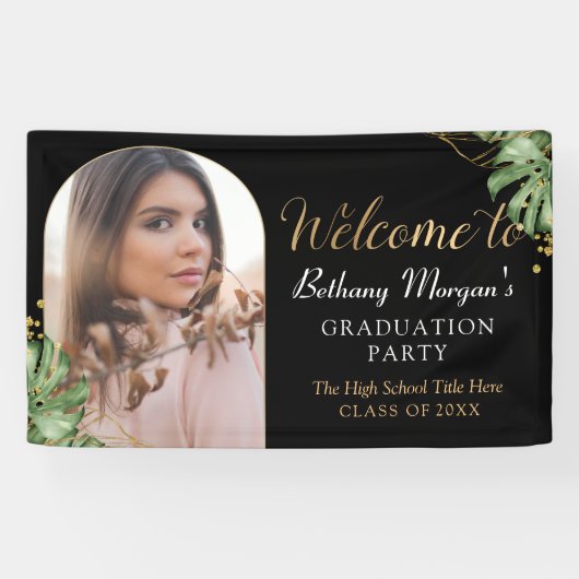 トロピカルブラック金ゴールドアーチ写真卒業へようこそ 横断幕 (横)