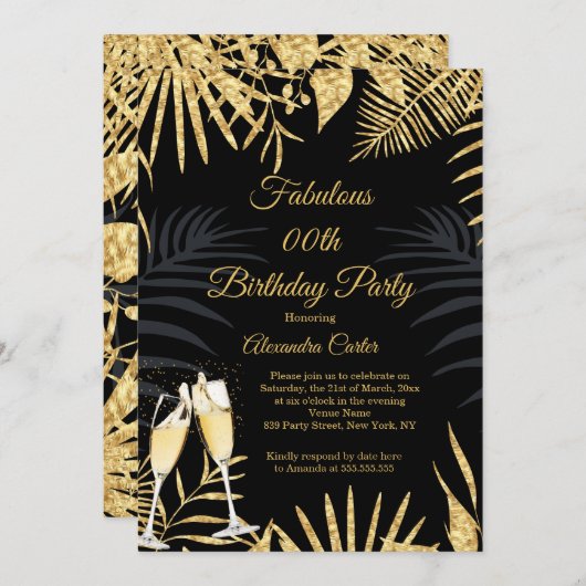 トロピカルブラック金ゴールドパームスシャンパンバースデーパーティー 招待状 (正面/裏面)