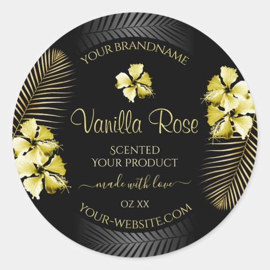 トロピカルブラック金ゴールド商品ラベルハワイアン花 ラウンドシール (正面)