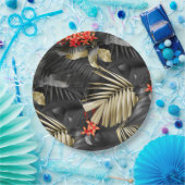 トロピカルブラック&離れ金ゴールドと赤い花 ペーパープレート (パーティー)