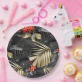 トロピカルブラック&離れ金ゴールドと赤い花 ペーパープレート (パーティー)