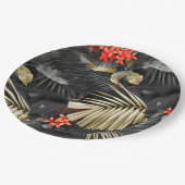 トロピカルブラック&離れ金ゴールドと赤い花 ペーパープレート (アングル)