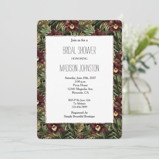 トロピカルブルガンディレッドオーキッドフローラブライダルシャワー 招待状 (スタンド正面)