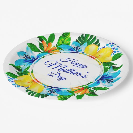 トロピカルブルーとイエローフローラハッピーマザーズデー ペーパープレート (アングル)