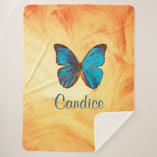 トロピカルブルーとターコイズジェムカラーバタフライ シェルパブランケット (正面)
