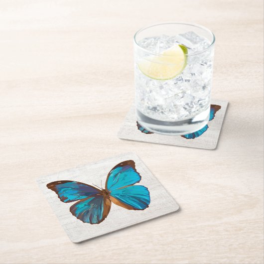 トロピカルブルーとターコイズジェムカラーバタフライ スクエアペーパーコースター (インサイチュ)