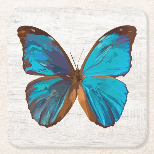 トロピカルブルーとターコイズジェムカラーバタフライ スクエアペーパーコースター (正面)