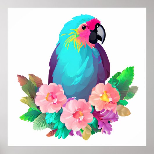 トロピカルブルーのパラ鳥とトロピカルフラワー ポスター (正面)