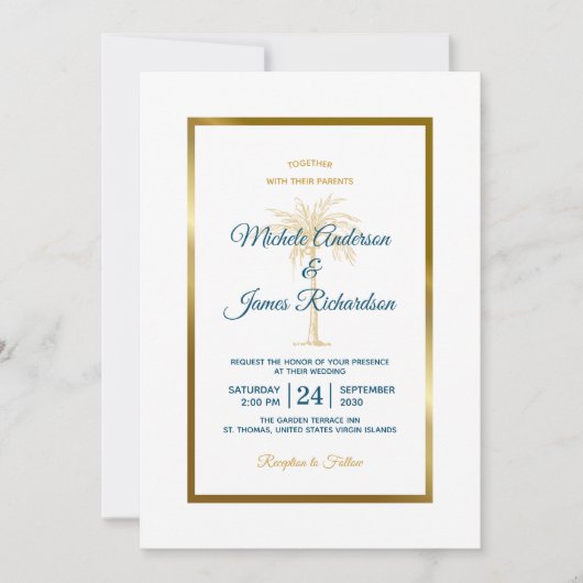 トロピカルブルーエレガント金ゴールドパームツリービーチ結婚式 招待状 (正面)