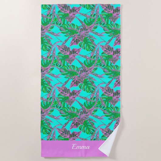 トロピカルブルーグリーン名イニシャルモダンビーチ ビーチタオル (正面)
