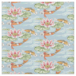 トロピカルブルーコイ&ロータスフィッシュポンドウォーター色 ファブリック