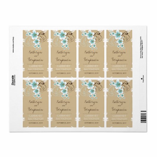 トロピカルブルーハイビスカス素朴ビーチ結婚式ボトル ラベル (フルシート)