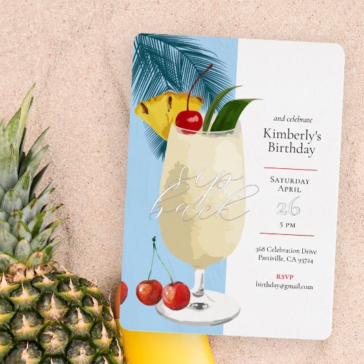 トロピカルブルーピナコラダカクテルバースデーパーティー 箔招待状